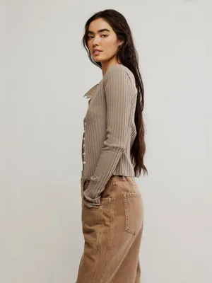 Free People Tilly. Long Sleeve Cardi in a taupe thumbnail 4
