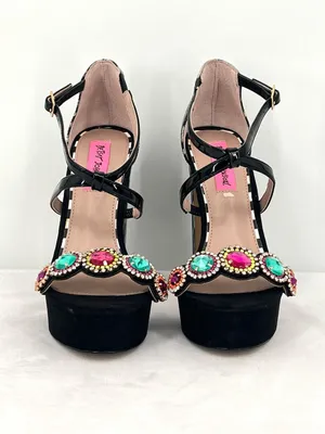 Betsey Johnson Sainte Black Silver Leopard Rhinestone Platform 5” High Heels 7.5 thumbnail 2