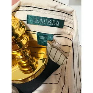 Lauren Ralph Lauren Women 4 Silk Pinstripe Button Down Shirt Fluted Cuff Cream thumbnail 4