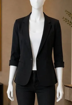 LUX Women Blazer Cropped 3/4 Sleeve Single Button Black Large thumbnail 1