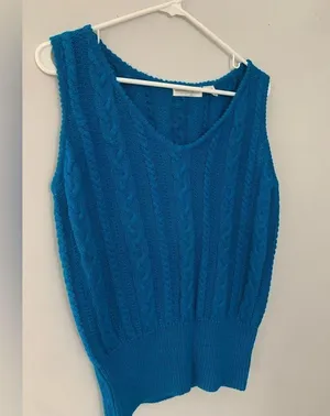 VTG Knit V-neck Sweater Tank Top Hippie Boho Sleeveless Top Blue Size S thumbnail 2