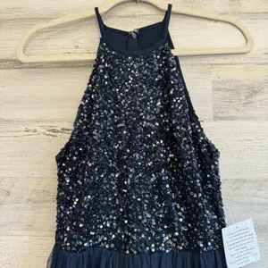 Maya Deluxe Halter Dark‎ Blue Sequin Top Tulip Skirt Midi Sleeveless Prom Dress thumbnail 4