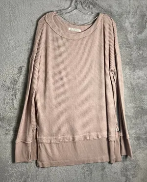 Free People North Shore Thermal Tunic Slouchy Beige Thumbholes Medium Oversized‎ thumbnail 1