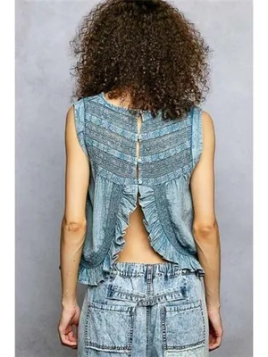 POL Button Closure on Back Ruffled Sleeveless Cotton Blouse with Trim Detail‎ thumbnail 2