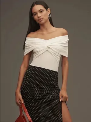 Anthropologie off shoulder off white gathered top blouse XL New NWT Party thumbnail 3