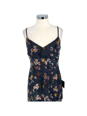 Lulus Evenings with You Floral Velvet Asymmetrical Dress Blue Floral Medium NWT thumbnail 2