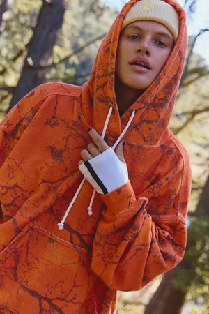 NWT Free People Movement Final Call Printed Hoodie- Tree Camo Neon Orange Contents 70% Cotton, 30% Polyester No refunds returns or cancellations thumbnail 1