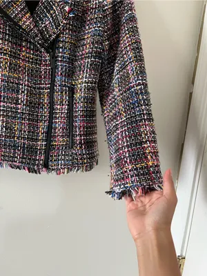 Halogen Black Multicolor Tweed Moto Blazer Jacket Small Petite Fringe Preppy thumbnail 4