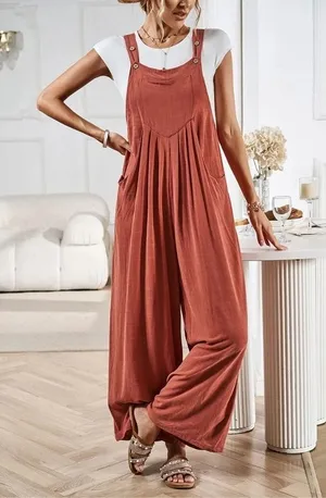 Anrabess S Linen Wide Leg Jumpsuit Rust Orange Boho Summer Overalls Vacationwear thumbnail 1