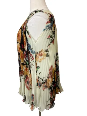 Roberto Cavalli Silk Cream Floral Pleated V-Neck Mini Swing Dress thumbnail 3