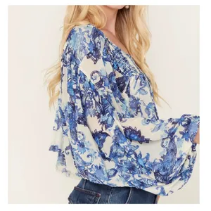 Free People Up For Anything White Blue Floral Smocked Long Sleeve Blouse thumbnail 3