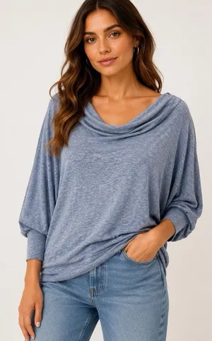 Free People We The Free Blue Cowl Neck Dolman Relaxed Knit Top Medium thumbnail 1