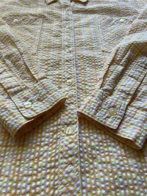 Seersucker Plaid Shirt M Lightweight Yellow Peach Oversized Japanese Button Down thumbnail 8