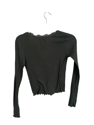 Urban Outfitters Olive Ribbed Lace-Trim Tie-Front Long Sleeve Top thumbnail 2