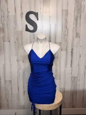 B. Darlin Royal Blue Ruched Side Drawstring Mini Dress Womens Size Small Open Ba thumbnail 4