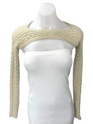 Edikted Cream Beige Cable Knit Long Sleeve Boat Neck Bolero Sweater Crop Top S thumbnail 1
