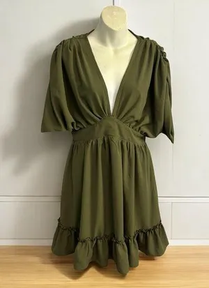 Grace Karin olive green high waisted fit and flare ruffle dress size Small retro thumbnail 1