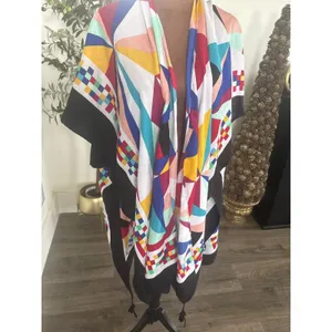 Jessica McClintock Geometric Abstract Kimono Wrap Multi Color Tassel OS thumbnail 3