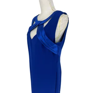 Theia Sleeveless Crepe Gown with Satin Crisscross in‎ Blue thumbnail 6