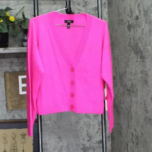 NWT Aqua Womens Front Button Cashmere V-Neck Cardigan Sweater V10337 Neon Pink M thumbnail 7