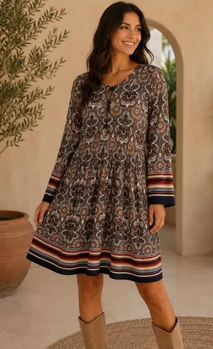 entro Brown Paisley Long-Sleeve Swing Dress with Striped Hem thumbnail 1