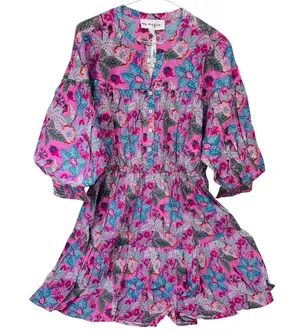 NWT Maisie Floral Ballon 3/4 Sleeve 100% Cotton Minidress Pink Ethnic Size Large thumbnail 1