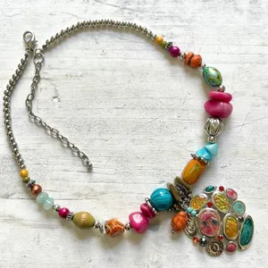 Colorful beaded silver tone pendant necklace thumbnail 1