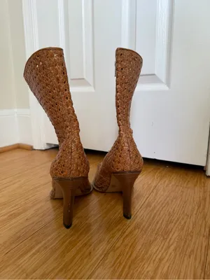 Vintage Woven Leather Brown Pointed Toe Heeled Boots EU 39 US 8 thumbnail 4