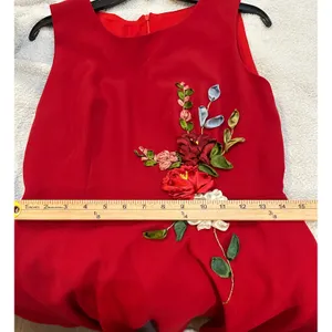 Red Sleeveless Fit and Flare Dress with 3D Ribbon Floral Embroidery Cocktail thumbnail 4