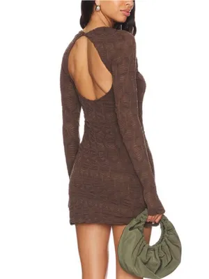 Free People Paulie Textured Open Back Mini Dress Brown M Bodycon Long Sleeve thumbnail 2