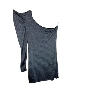 Arden B Blue Gray Striped Shimmery One Long Puff Sleeve Bodycon Mini‎ Dress Sz L thumbnail 2