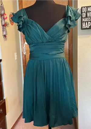 Saints & Secrets forest green fit and flare cocktail dress ruffle shoulders S thumbnail 1