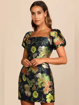 NWT Lulus So Stunning Navy Floral Jacquard Puff short Sleeve Mini Dress cocktail thumbnail 7