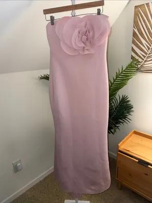Badgley Mischka Strapless Pink Maxi Gown with Floral Appliqué 10 thumbnail 6