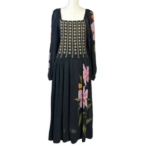 FARM Rio Embroidered Goddess Orchid Floral Long Sleeve Midi Dress Black Small thumbnail 5