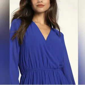NWT Lulus Wondrous Water Lilies Royal‎ Blue Long Sleeve Slit Maxi Dress LARGE thumbnail 2