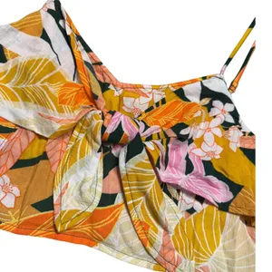 Aerie Size L Tie Front Crop Top Tropical Floral Beach Vacation Smocked‎ Colorful thumbnail 3