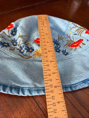 Vintage 90s Blue Denim Cotton Floral Embroidered Bucket Hat Boho Cottage thumbnail 6