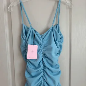 Hello Molly Blue Ruched Mini Dress Cowl Neck‎ Ruffle Hem A04200HM Womens 8 NWT thumbnail 6