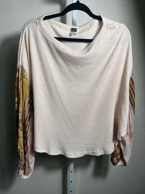 242. We The Free Free People Cream Thermal Boho Mixed Print Sleeve Top thumbnail 1