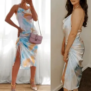 Zara pastel tie dye satin rainbow‎ ruched ruched midi dress blogger size XS thumbnail 3