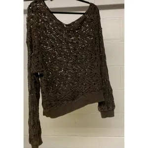 NEW Free People Bittersweet Brown Off Shoulder Crochet Sweater Open Knit - Large thumbnail 2