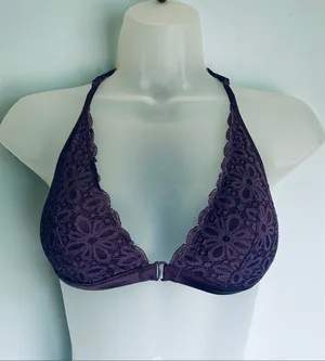 Victoria's Secret Triangle Bralette Purple Lace Floral Lined Front Closure Small thumbnail 1