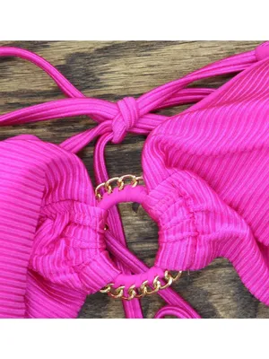 NWT Becca Ribbed Chain Ring Halter Bikini Swim Top 223157 Azalea Pink D thumbnail 12