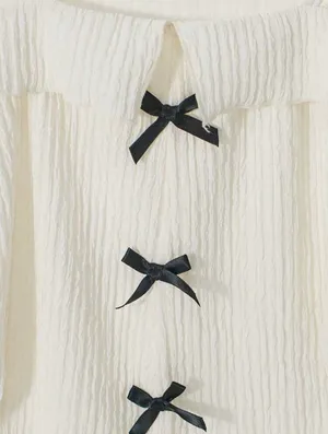 Women Tshirt soft cream square neckline with three black bow thumbnail 4