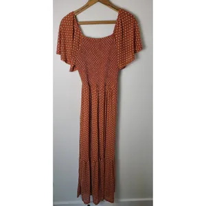 Ember Med Rust Orange Polka Dot Smocked Maxi Dress Flutter Sleeve Cottage Boho thumbnail 2
