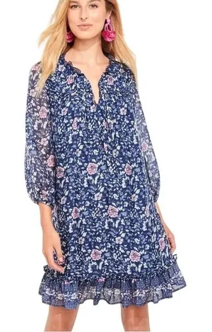 Vineyard Vines Silk Floral Shift Dress Women L Navy Coastal Preppy‎ Romantic thumbnail 1