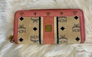MCM Visetos Studded Continental Wallet Authentic Pink & Ivory Leather 8"x4" EUC thumbnail 1