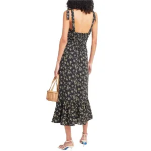 o.p.t. Toile De Jouy Midi Dress Ruffle Tie Straps Black Floral Size Large thumbnail 2