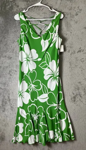 Vintage Tropical Hibiscus Floral Midi Dress Green White Resort Vacation S New thumbnail 1